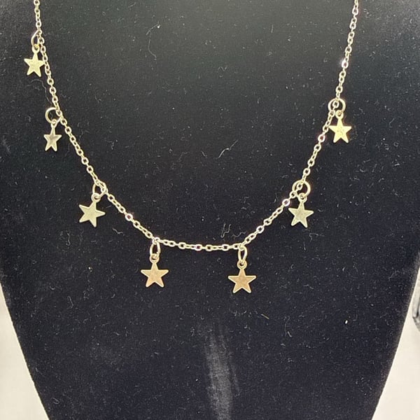Gold Plated Star Station Necklace with Charm and Adjustable Chain