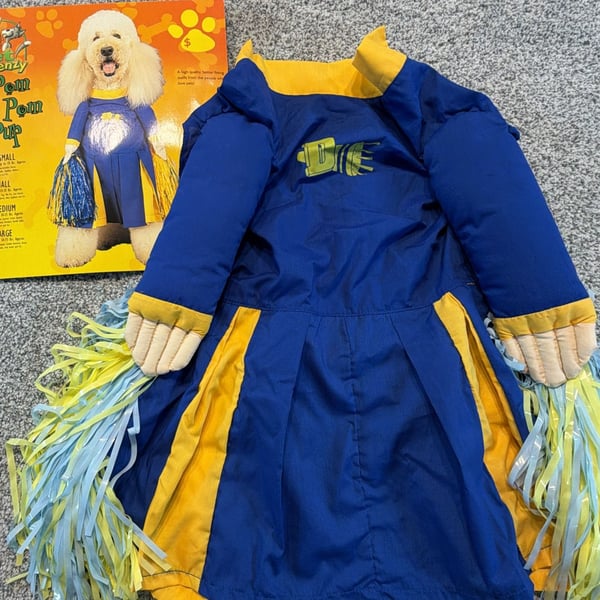 Pet Frenzy Pom Pom Pup Cheerleader Dog Costume Size Large Blue Yellow