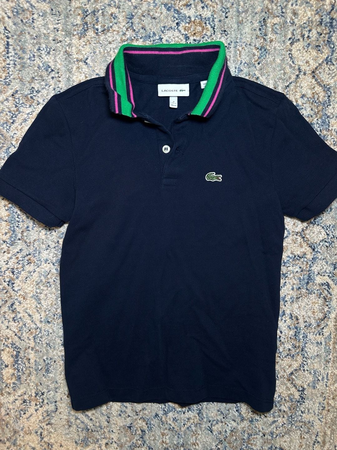 Lacoste Kids Navy Blue Polo Shirt Size 8 Green Pink Collar 2