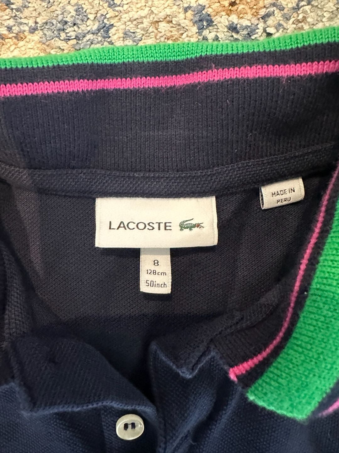 Lacoste Kids Navy Blue Polo Shirt Size 8 Green Pink Collar 3