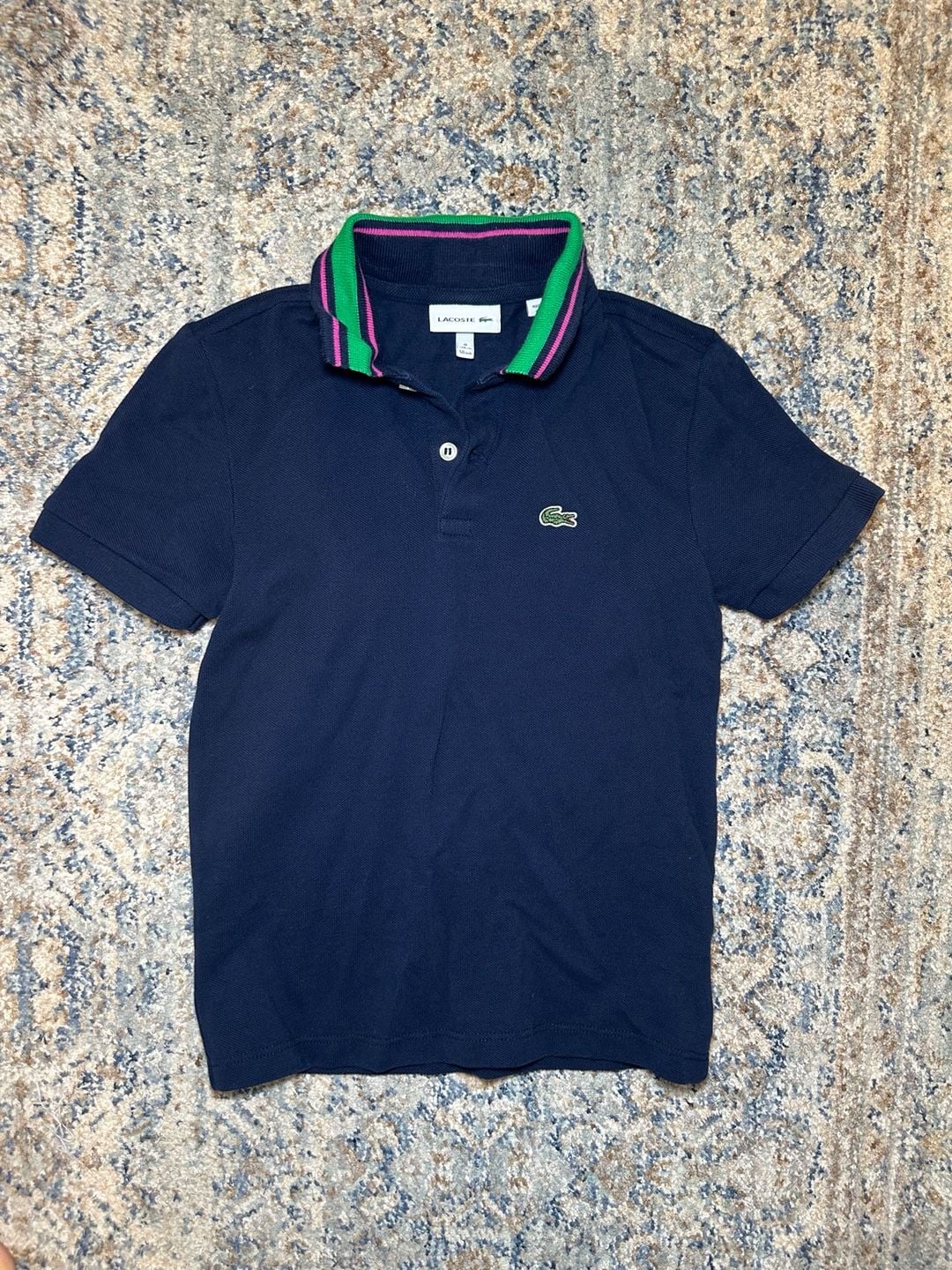 Lacoste Kids Navy Blue Polo Shirt Size 8 Green Pink Collar 5