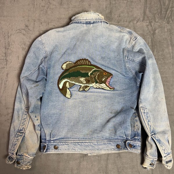 Vintage 90s Denim Jacket Bass Fish Chenille Patch Distressed Grunge Size S