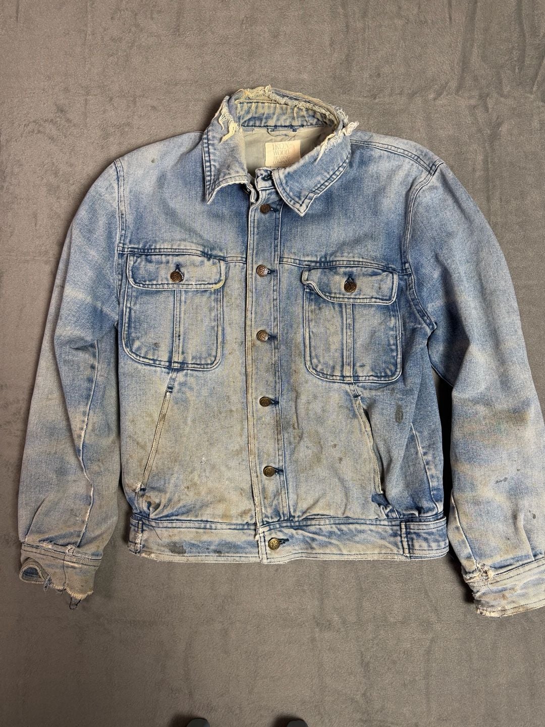 Vintage 90s Denim Jacket Bass Fish Chenille Patch Distressed Grunge Size S 8