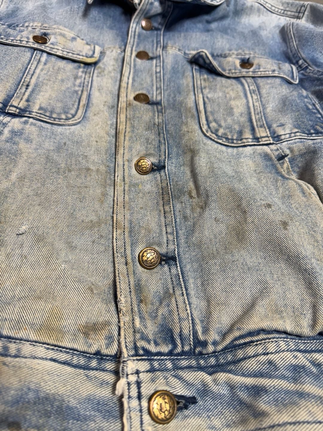 Vintage 90s Denim Jacket Bass Fish Chenille Patch Distressed Grunge Size S 10