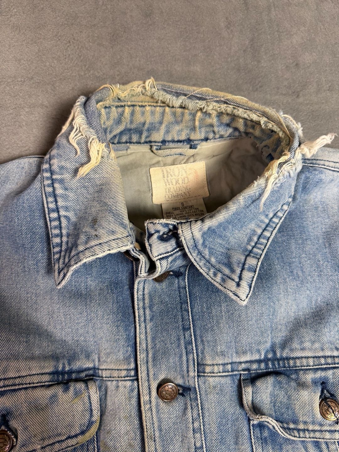 Vintage 90s Denim Jacket Bass Fish Chenille Patch Distressed Grunge Size S 12