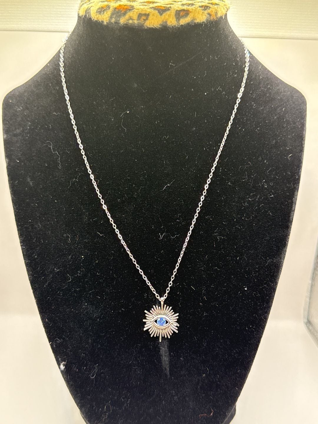 Sunburst Evil Eye Pendant Necklace with Blue Stone Silver Chain 2