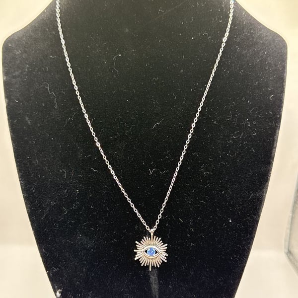 Sunburst Evil Eye Pendant Necklace with Blue Stone Silver Chain