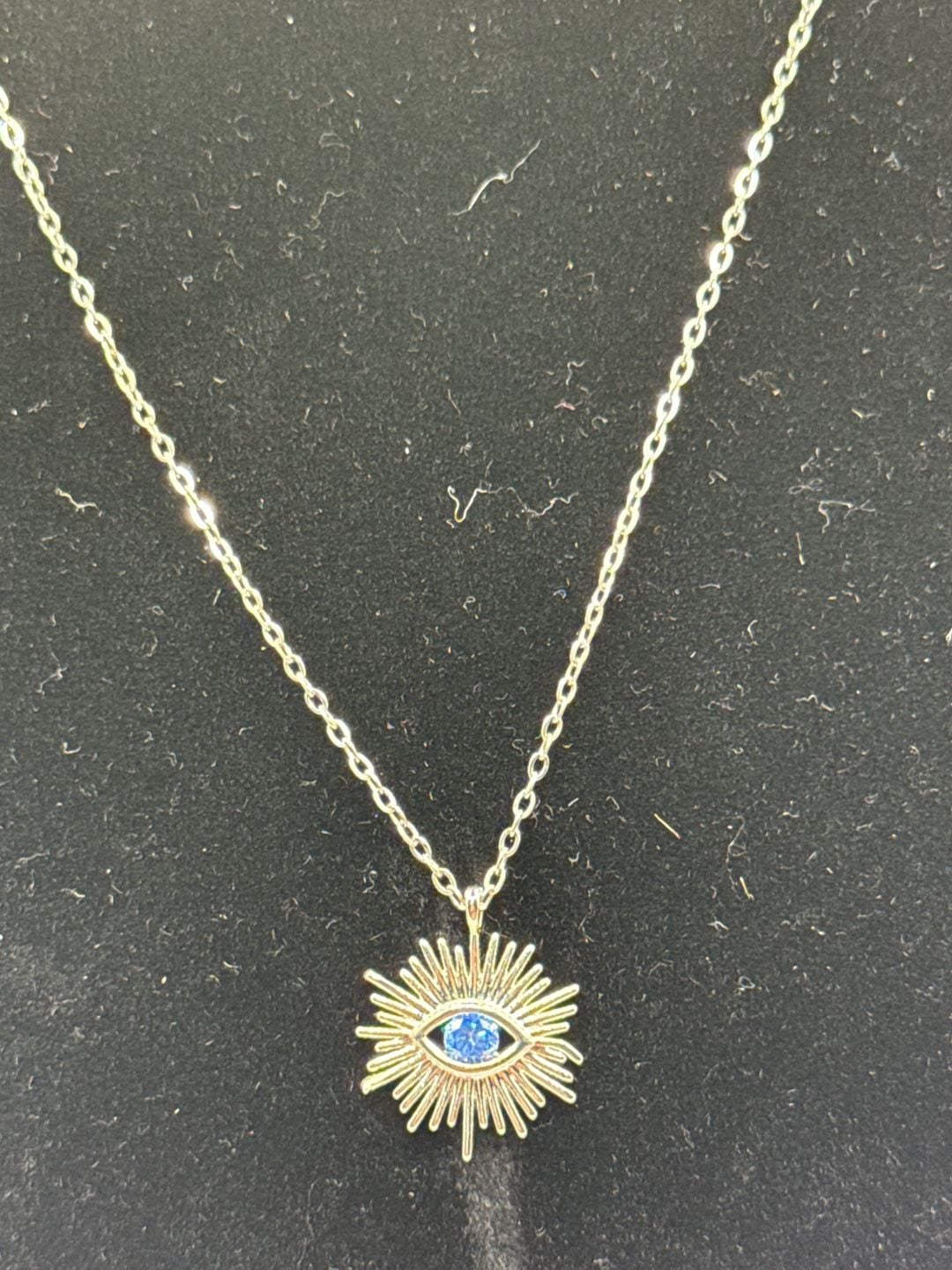 Sunburst Evil Eye Pendant Necklace with Blue Stone Silver Chain 3