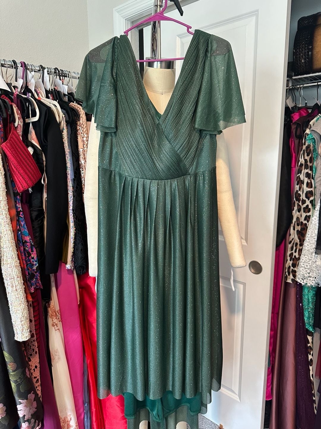 Ever Pretty Green Glitter Pleated V-Neck Ruffle Sleeve Midi Dress 3