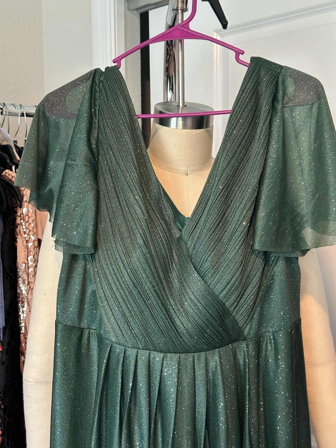 Ever Pretty Green Glitter Pleated V-Neck Ruffle Sleeve Midi Dress 4