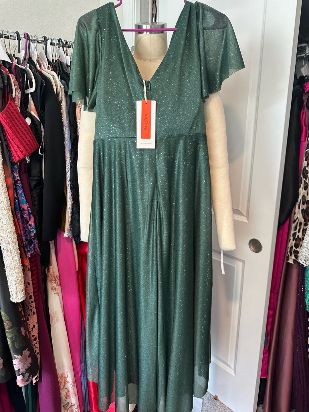 Ever Pretty Green Glitter Pleated V-Neck Ruffle Sleeve Midi Dress 5