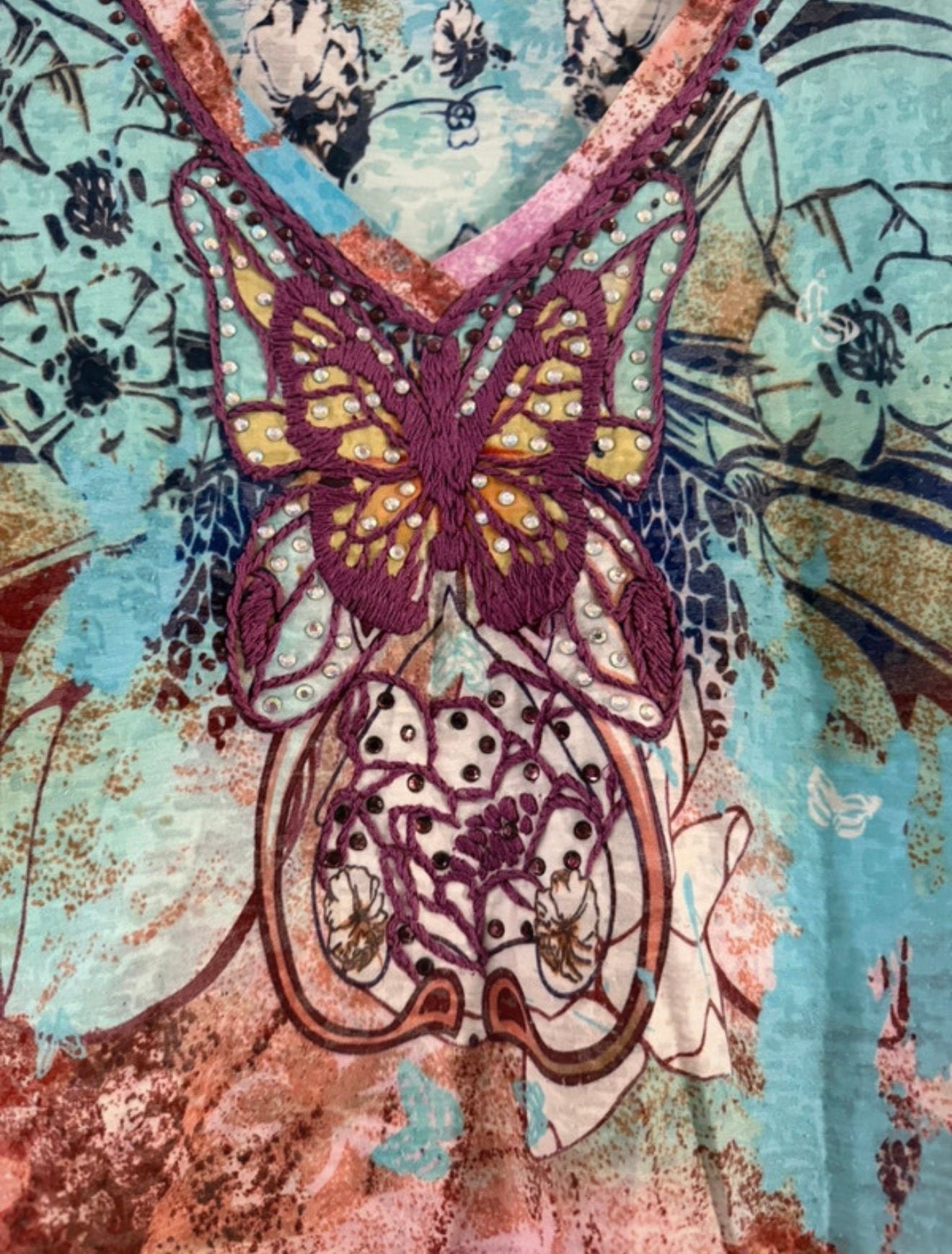 Spy Zone Exchange Butterfly Embellished V-Neck Top Size M Multicolor Floral 1