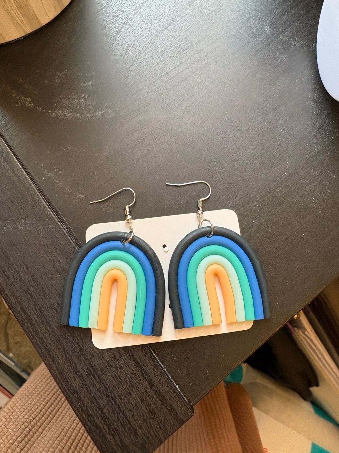 Handmade Polymer Clay Rainbow Dangle Earrings Blue Green Orange 2