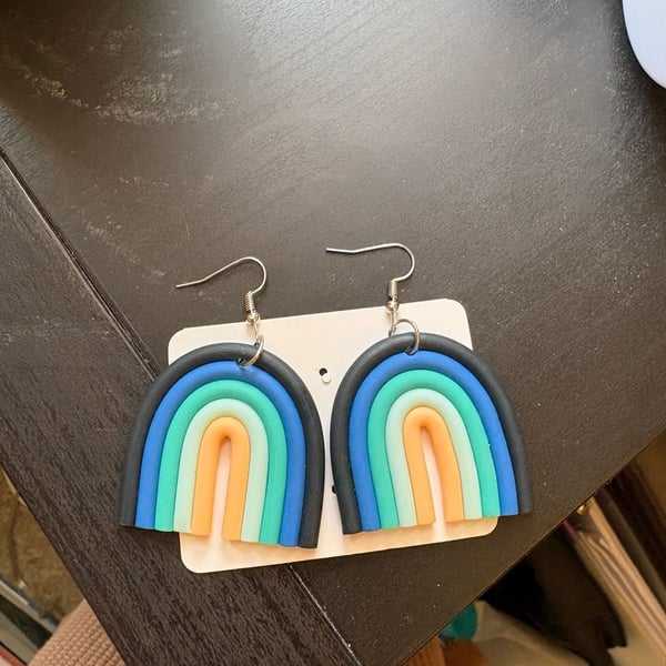 Handmade Polymer Clay Rainbow Dangle Earrings Blue Green Orange