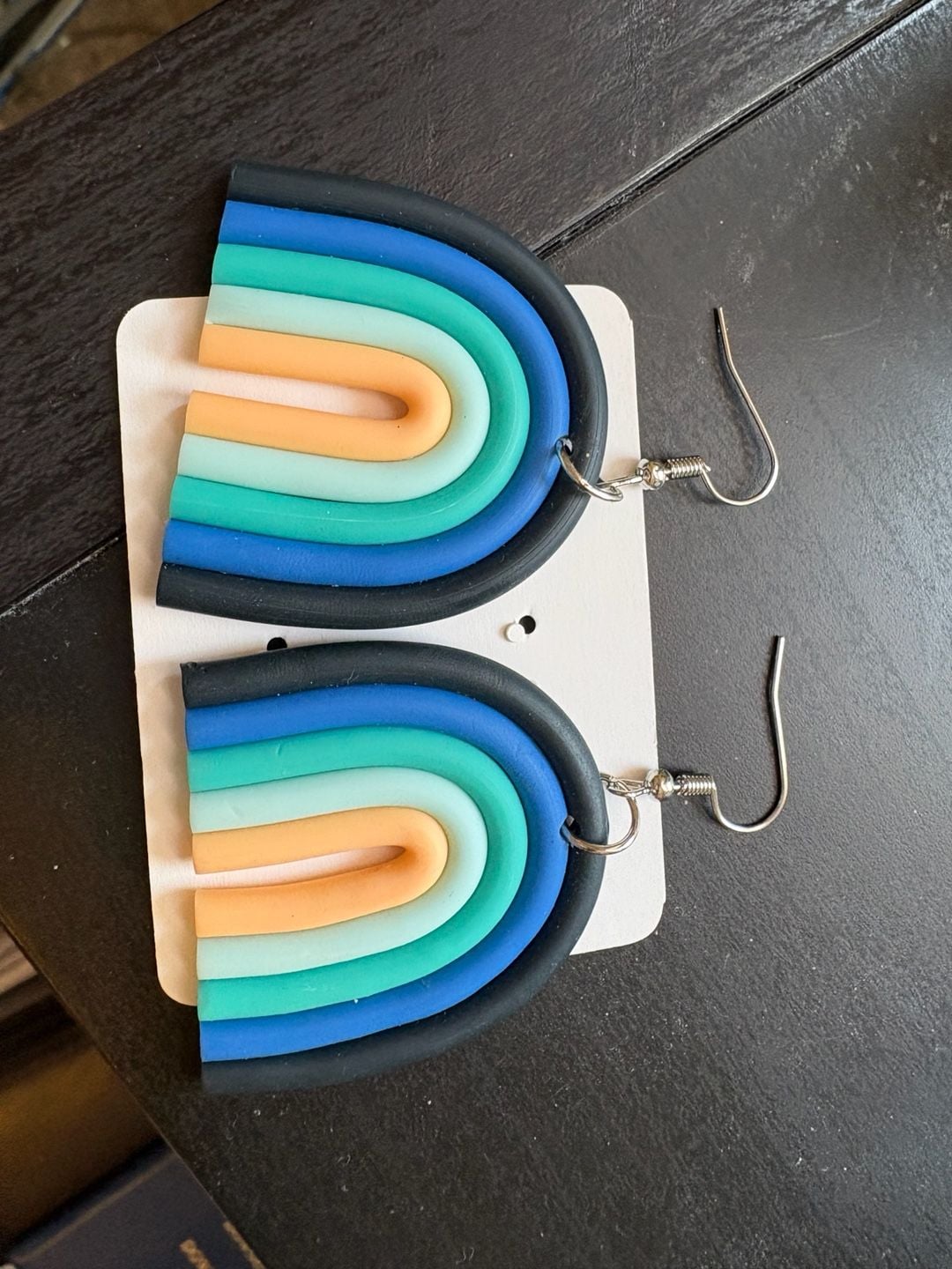 Handmade Polymer Clay Rainbow Dangle Earrings Blue Green Orange 3