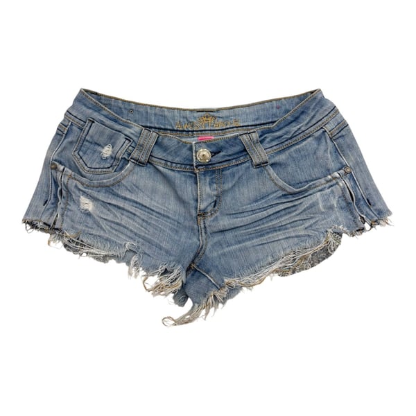 Almost Famous Denim Shorts Size 9 Blue Frayed Hem Low Rise