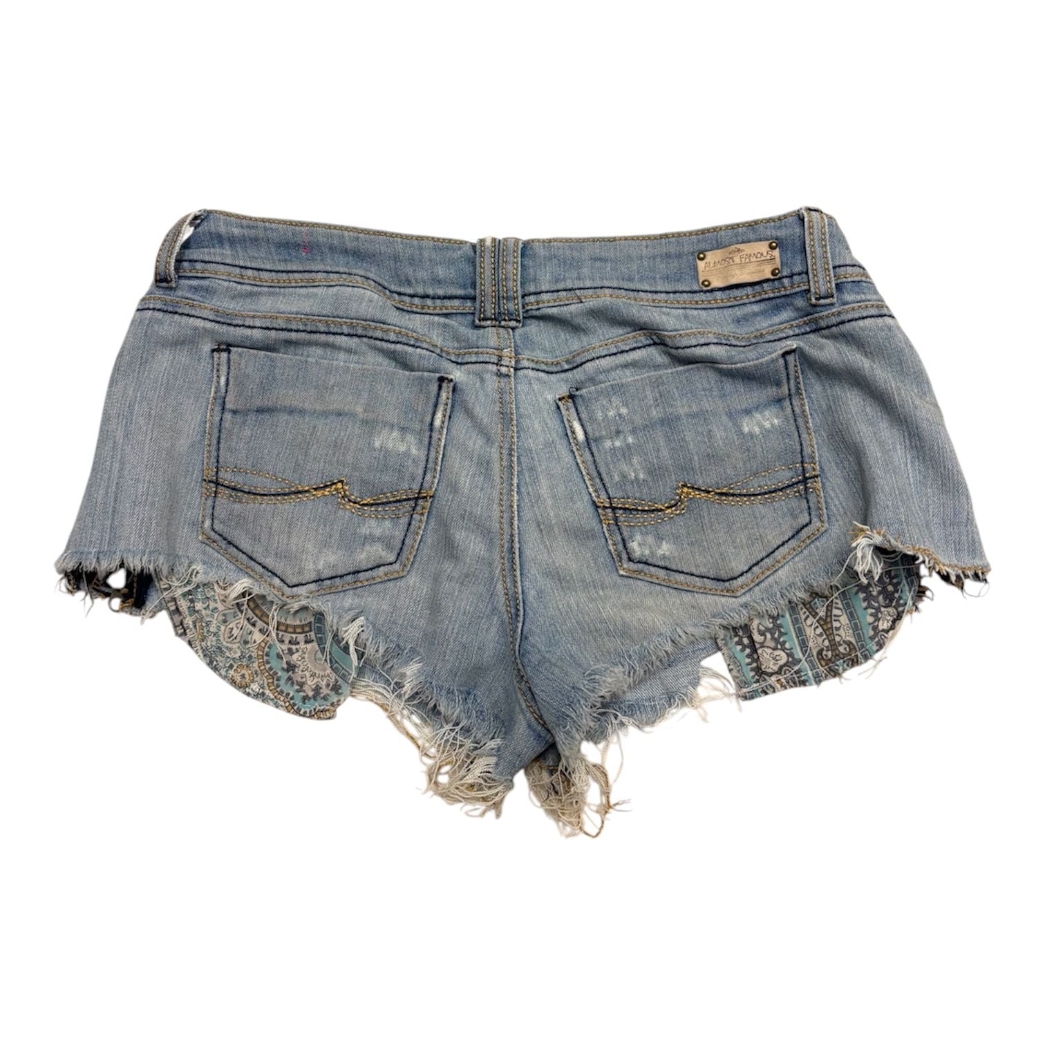 Almost Famous Denim Shorts Size 9 Blue Frayed Hem Low Rise 3