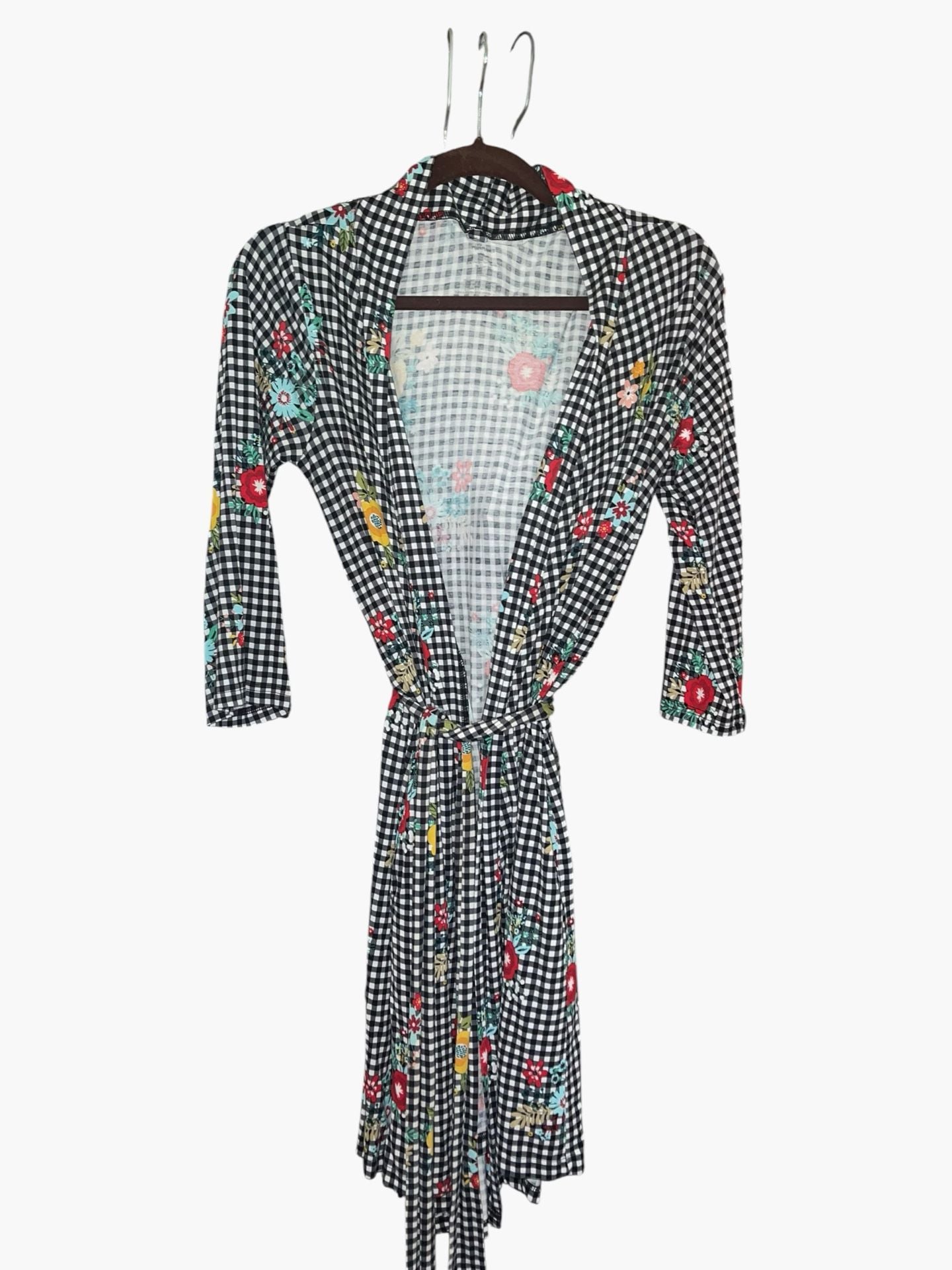 Posh Peanut Chloe Gingham Floral Bamboo Robe M Belted 3