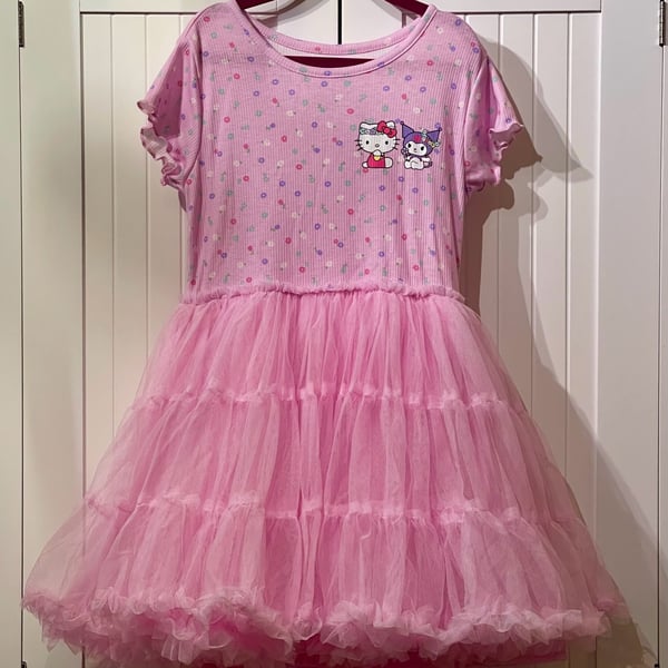 Hello Kitty And Friends Skater Dress Size M (8) Pink Tulle Skirt Short Sleeve