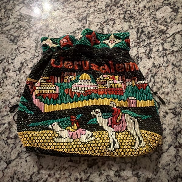 Vintage Jerusalem Beaded Tote Bag Drawstring Purse Handbag Souvenir