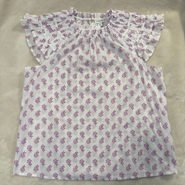 J. Crew Flutter Sleeve Top Size M White Violet Storm Floral Print