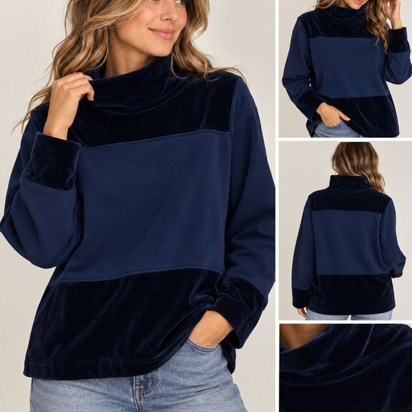 Vintage Bill Blass Sport Velvet Colorblock Turtleneck Pullover Navy Size S