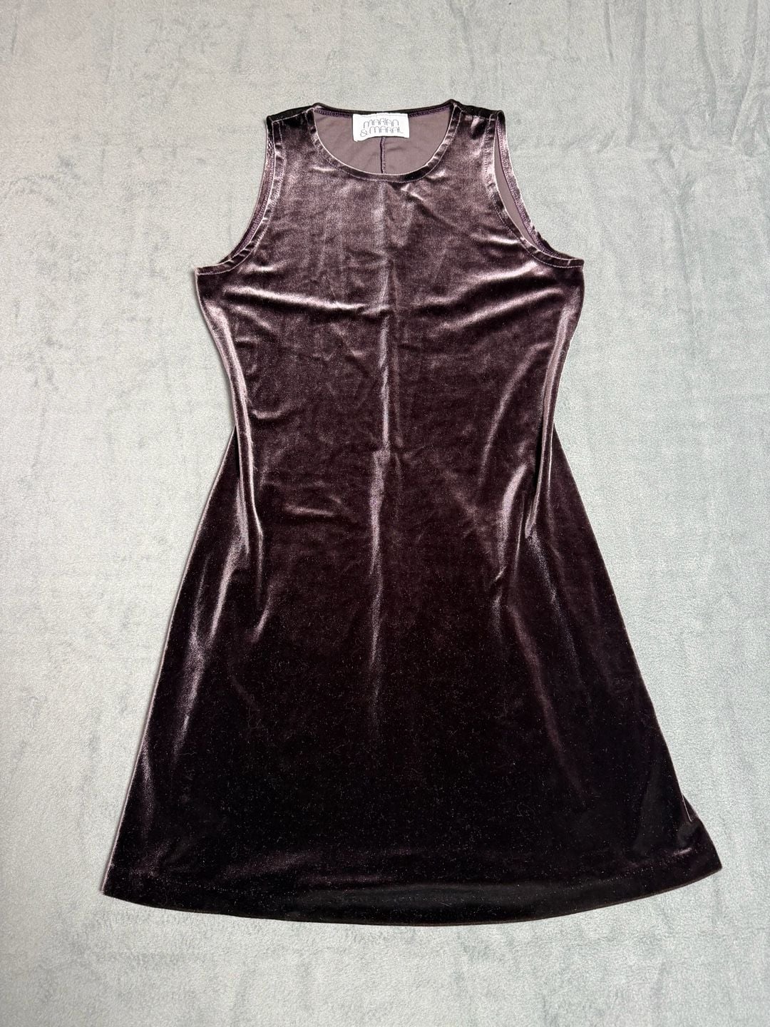 Vintage 90s Marian & Maral Purple Velvet Mini Dress Sleeveless Stretch A Line 2