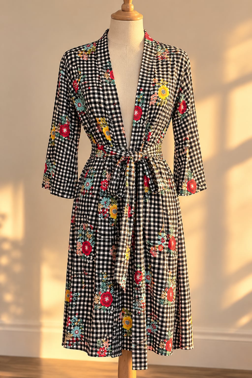 Posh Peanut Chloe Gingham Floral Bamboo Robe M Belted 2