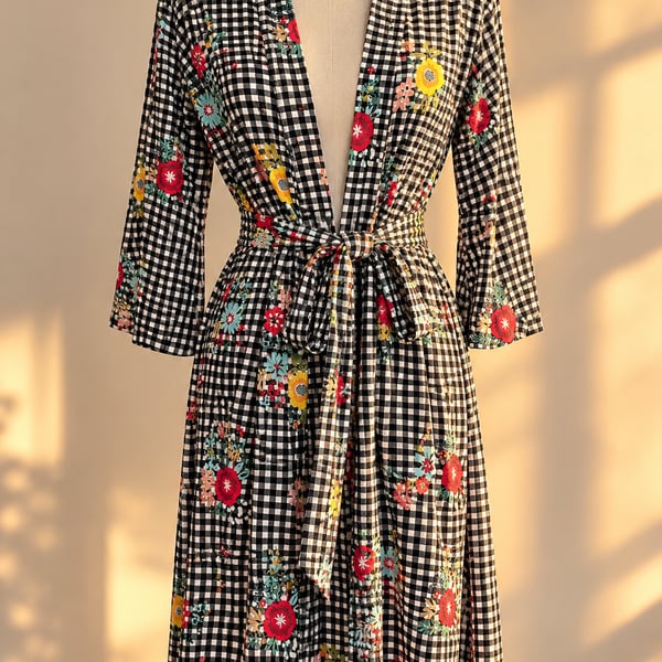 Posh Peanut Chloe Gingham Floral Bamboo Robe M Belted
