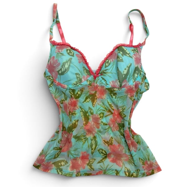 Kathy Ireland Floral Mesh Cami Top Size M Blue Pink Spaghetti Straps