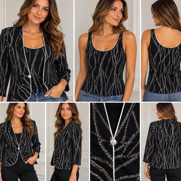 Alex Black & Silver Abstract Print 2-Pc Jacket & Tank Set