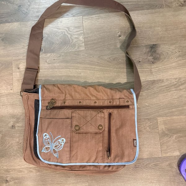 Y2K Mudd Brown Denim Crossbody Messenger Bag with Butterfly Embroidery