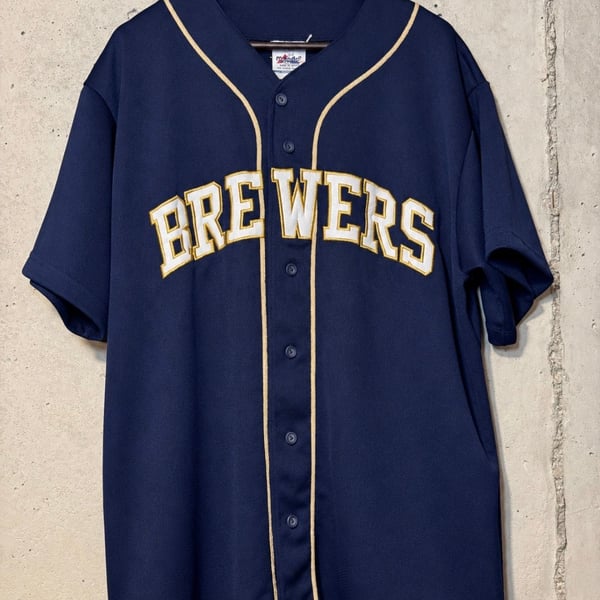 Majestic Milwaukee Brewers Jersey Size L Blue Sewn On Lettering