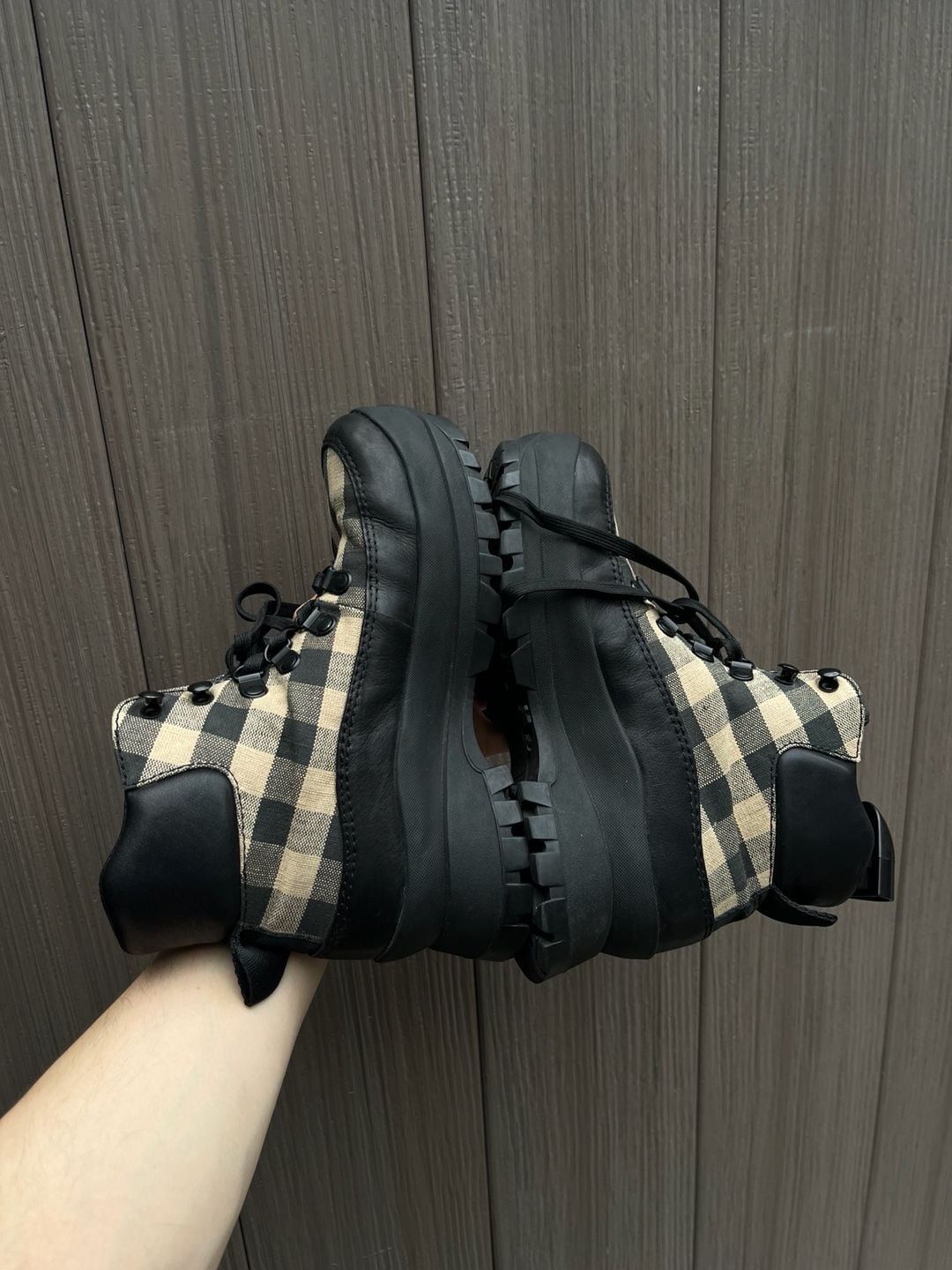 Loeffler Randall Owen Platform Hiking Boots Black Plaid Womens 9