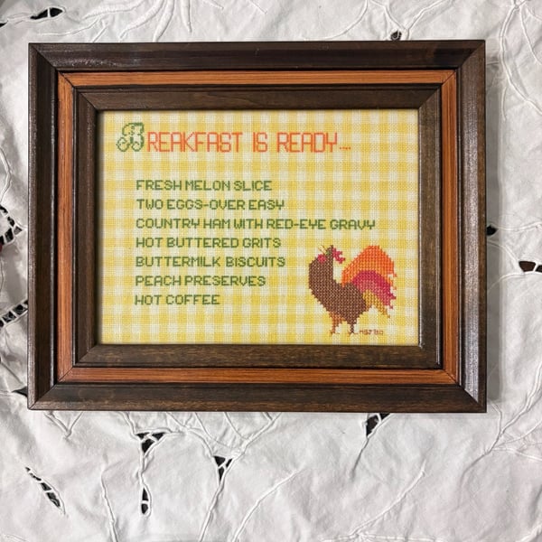 8x10 Rooster Breakfast Ready Cross Stitch Framed Art