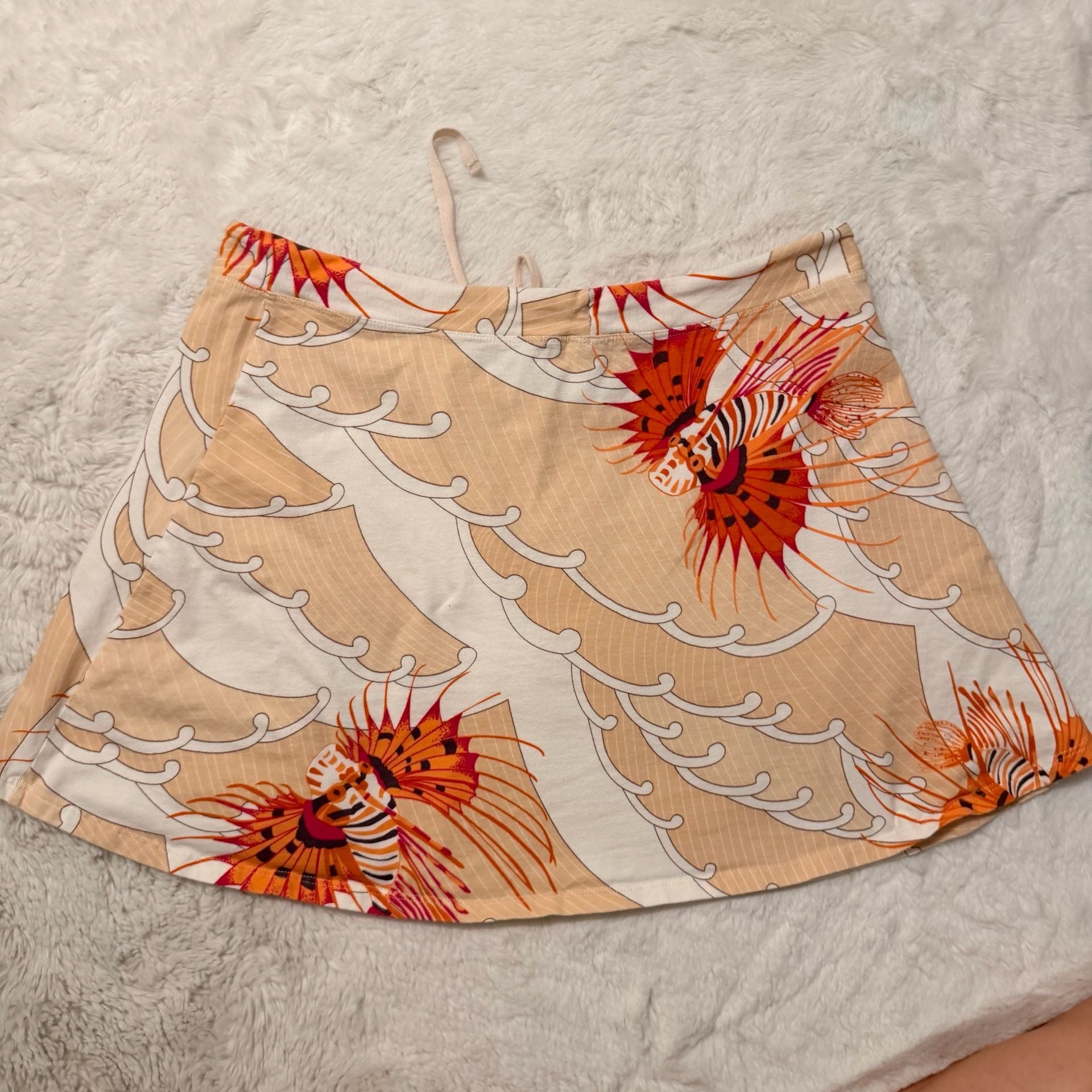 Vintage Lionfish Print Drawstring Skirt Orange Beige 2