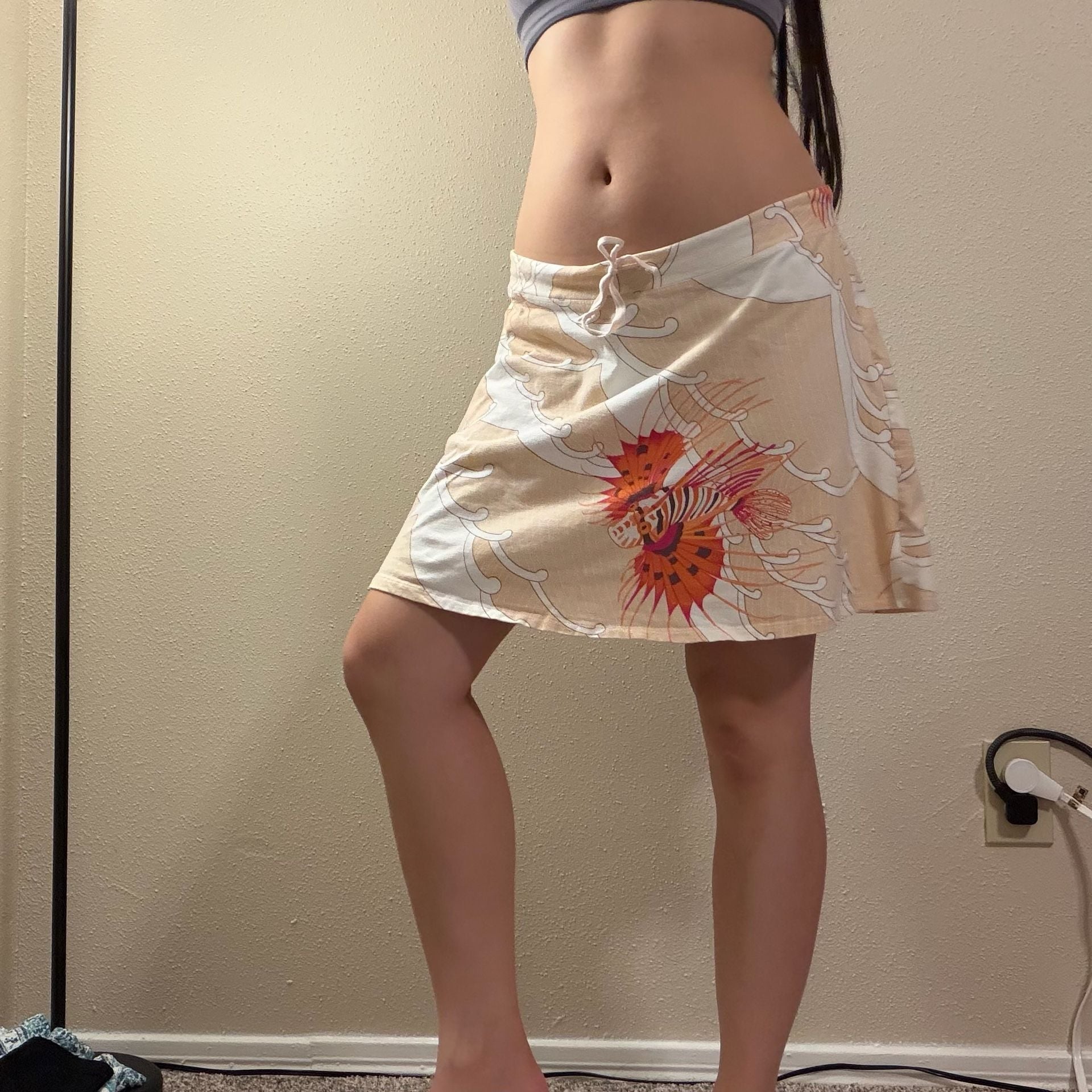 Vintage Lionfish Print Drawstring Skirt Orange Beige 4