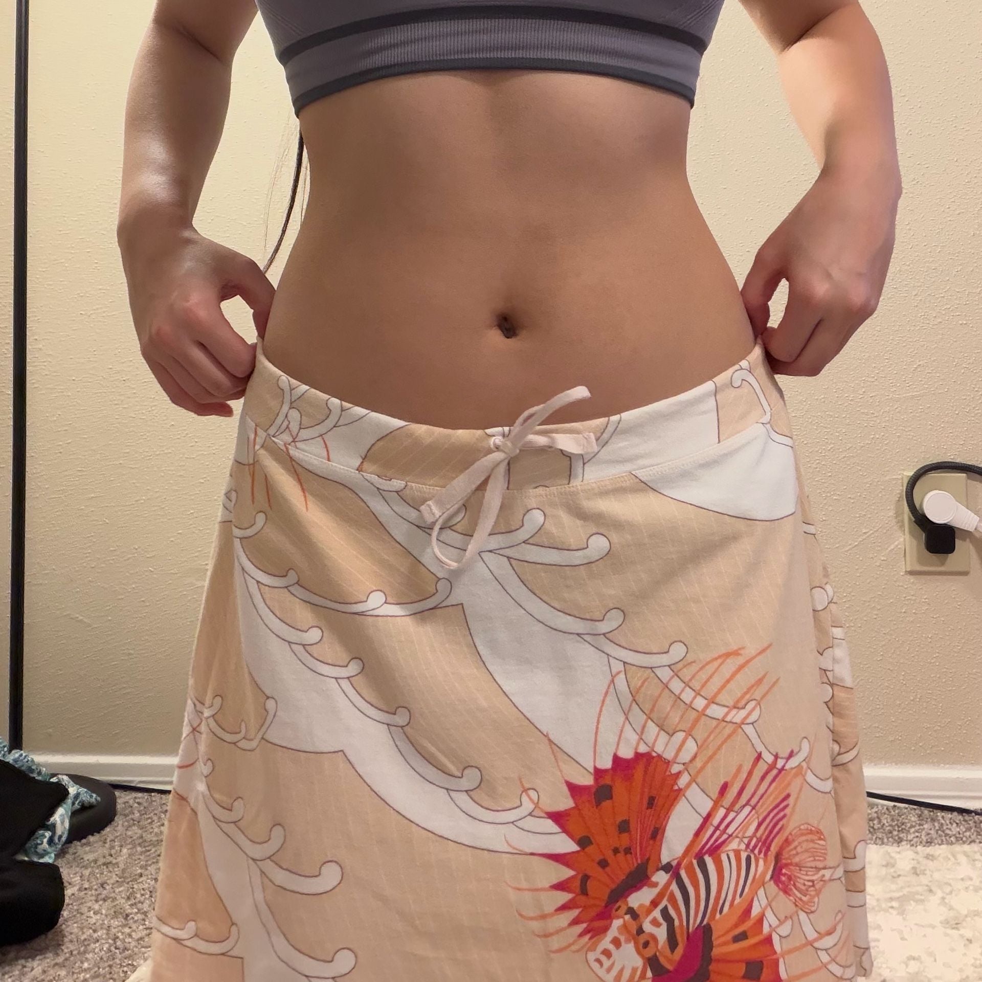 Vintage Lionfish Print Drawstring Skirt Orange Beige 7