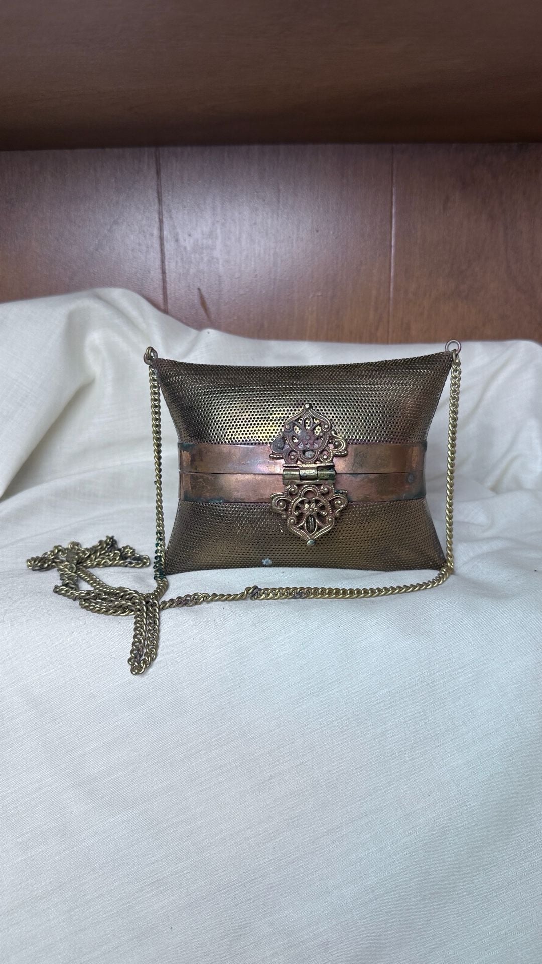 Vintage Ornate Perforated Brass Pillow Shoulder Bag Purse 2