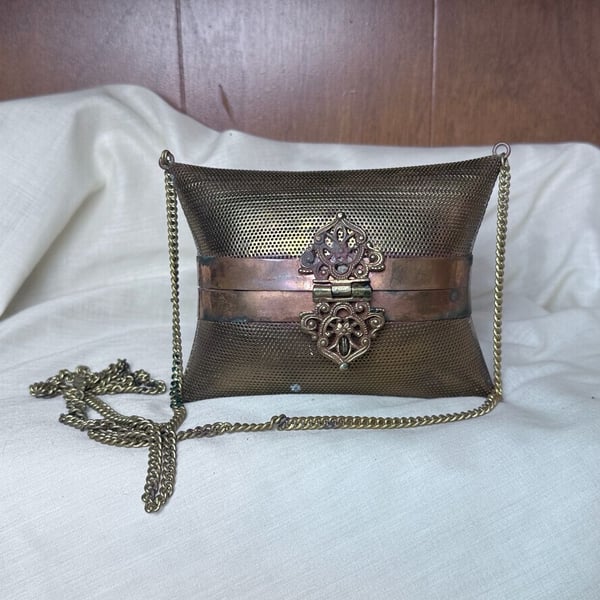 Vintage Ornate Perforated Brass Pillow Shoulder Bag Purse