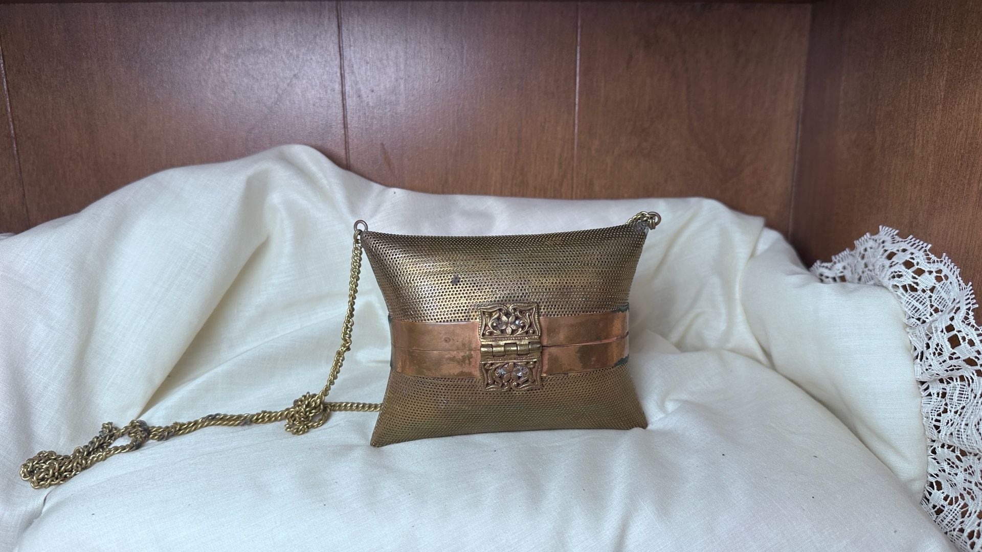 Vintage Ornate Perforated Brass Pillow Shoulder Bag Purse 5