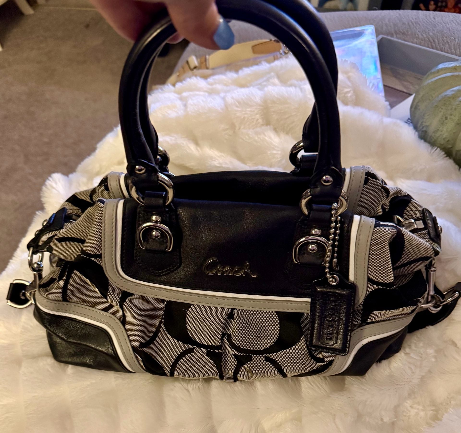 Coach Signature F17447 Black Gray Canvas Leather Satchel Handbag 6