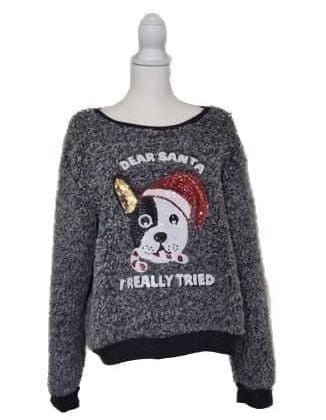 Dear Santa I Really Tried Sequin French Bulldog Sherpa Fuzzy Pullover XL 2