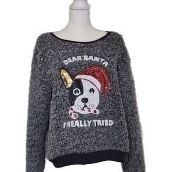 Dear Santa I Really Tried Sequin French Bulldog Sherpa Fuzzy Pullover XL