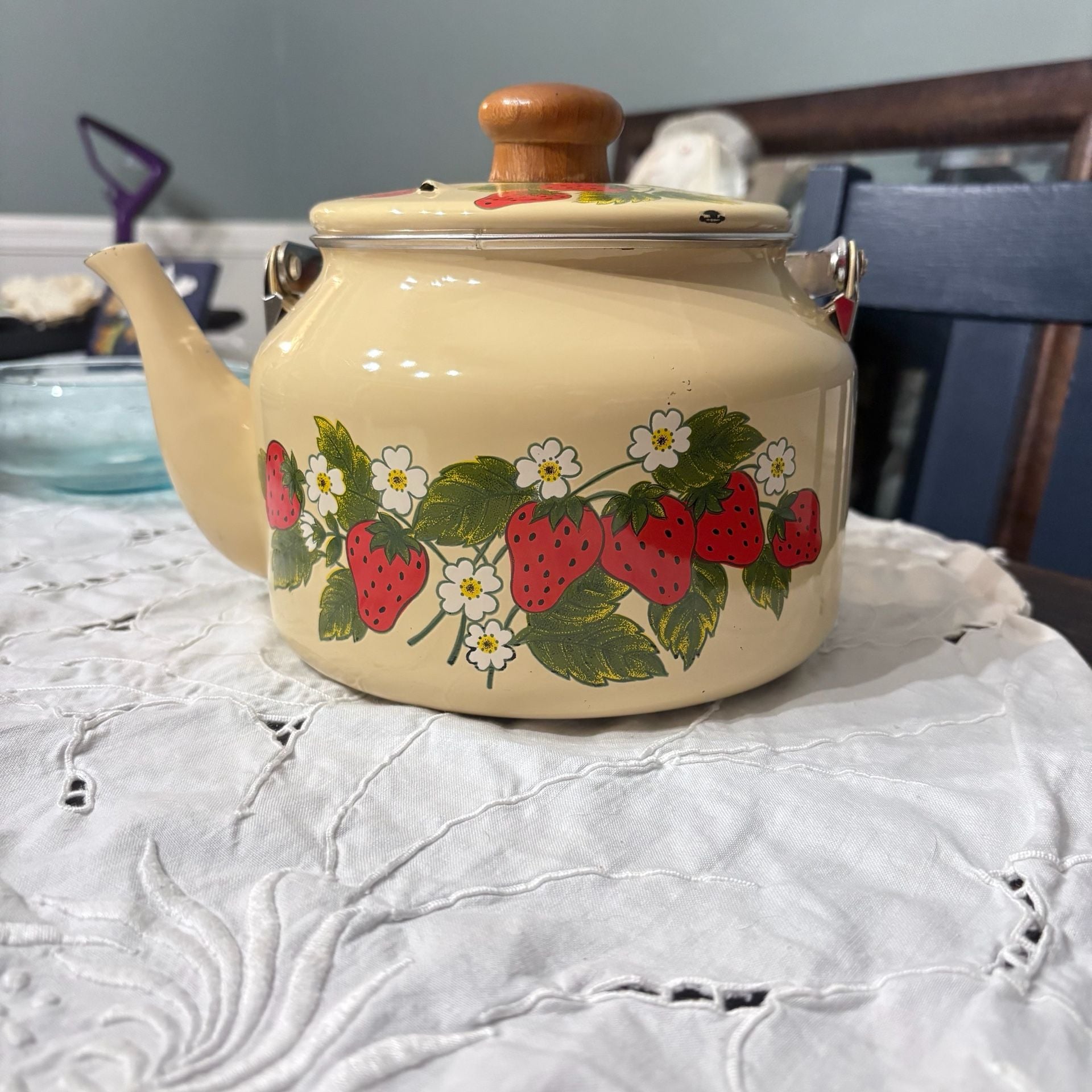 Vintage Strawberry Enamel Stovetop Tea Kettle Cream 1