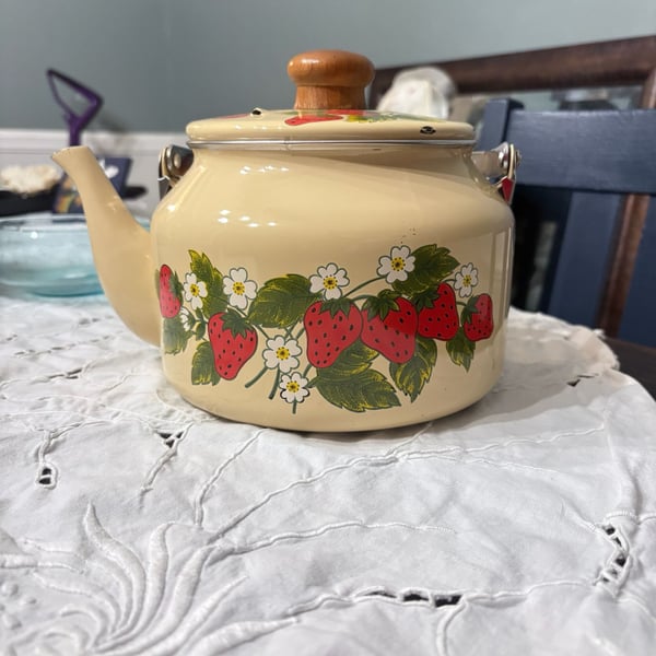 Vintage Strawberry Enamel Stovetop Tea Kettle Cream