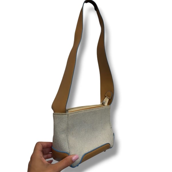 Vintage Canvas Leather Shoulder Bag Tan Blue Trim