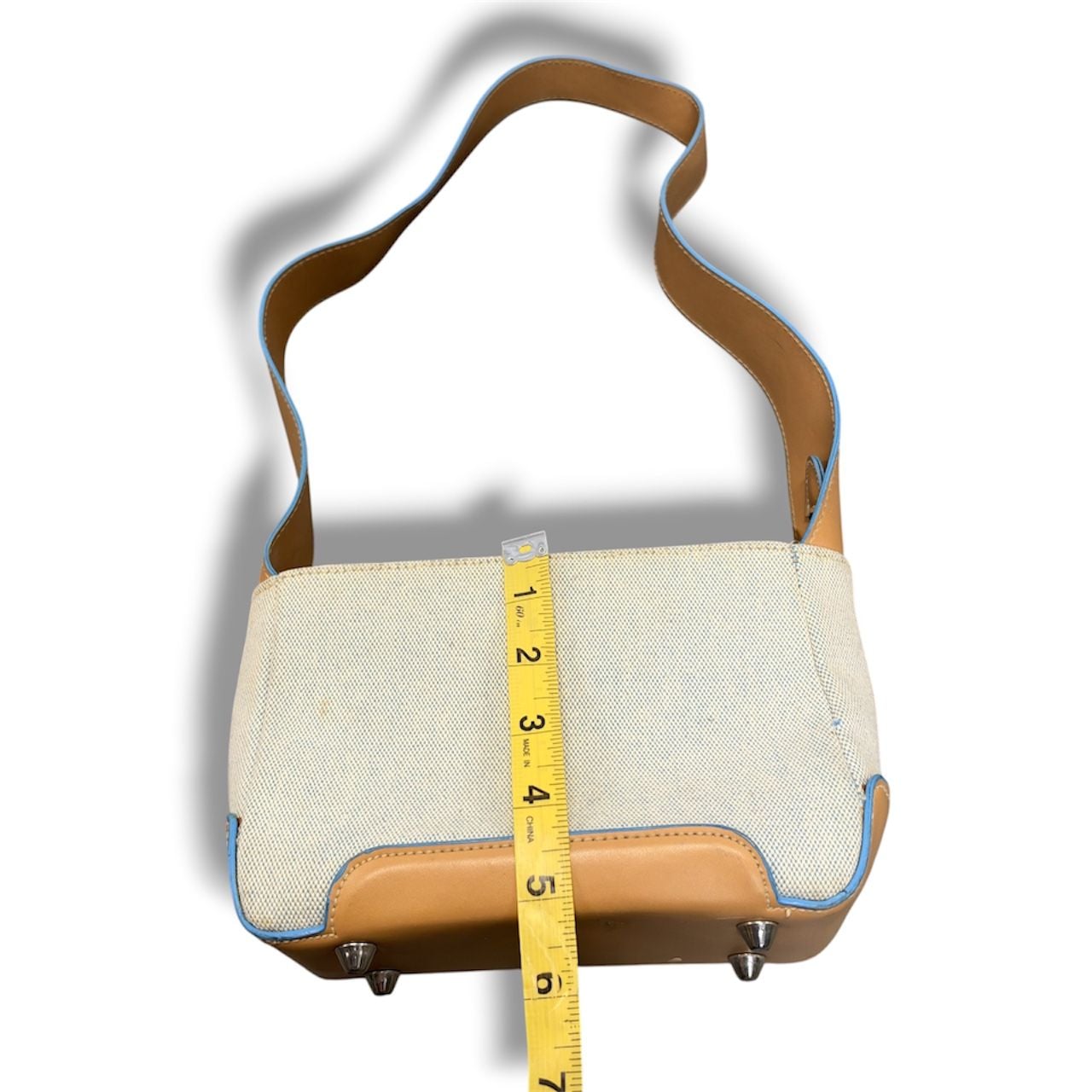 Vintage Canvas Leather Shoulder Bag Tan Blue Trim 5