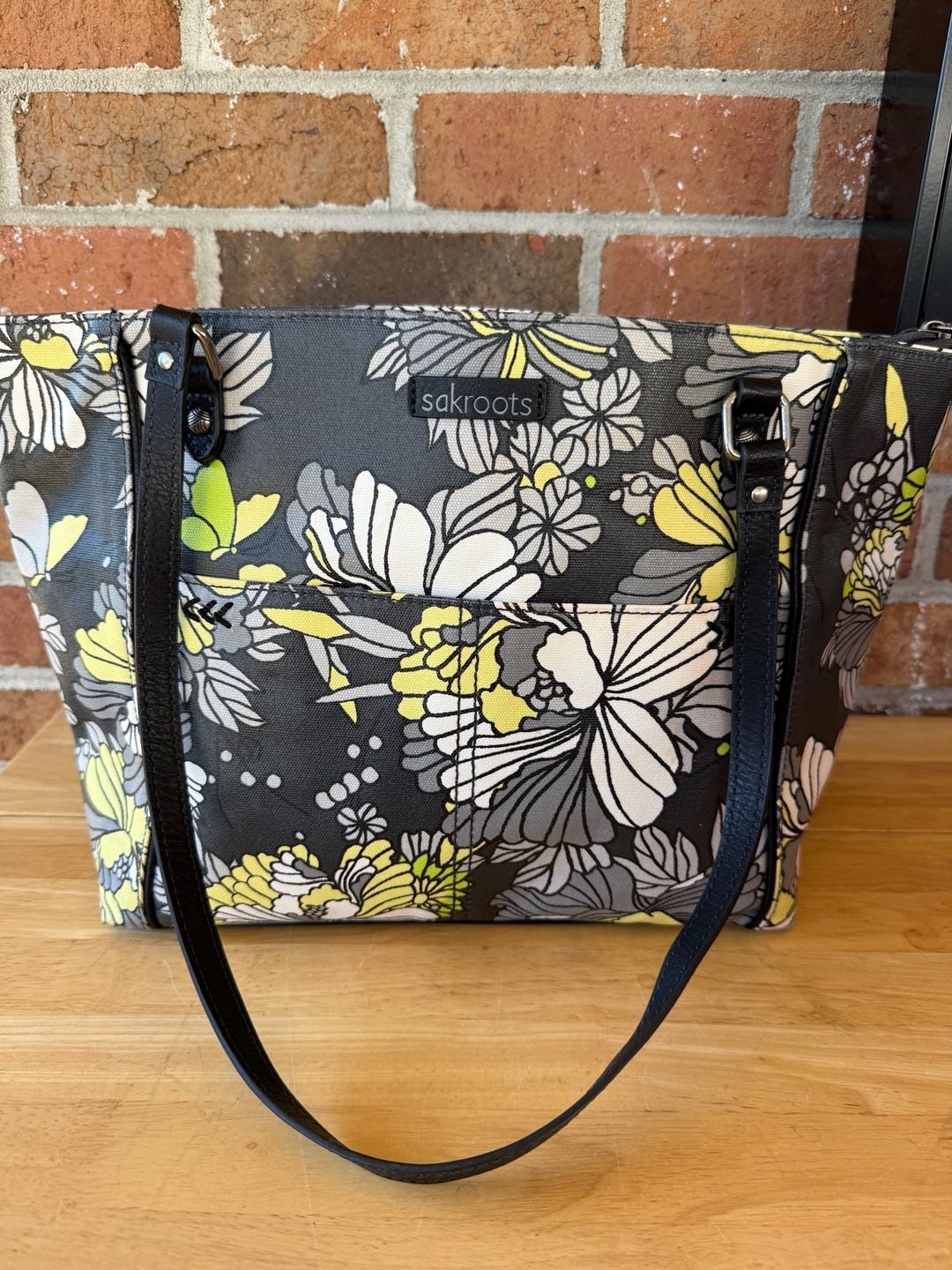 Sakroots Metro Tote Gray Yellow Flower Blossom Purse 2