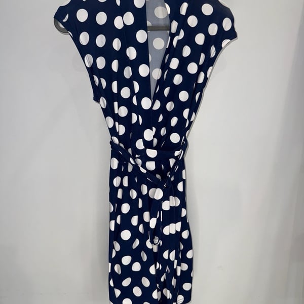 Miss Molly Polka Dot Wrap Dress Size S Navy Blue White Jersey 